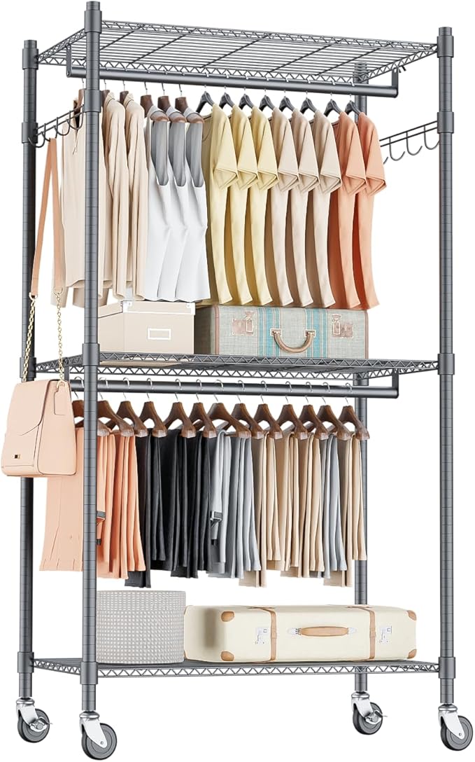 Homdox Narrow Rolling Garment Rack with Double Rods and 3 Adjustable Shelves, Compact Portable Closet Organizer for Bedroom, Dorm, Laundry Room, 23.62" W x 16.54" D x 80.71" H, Gray