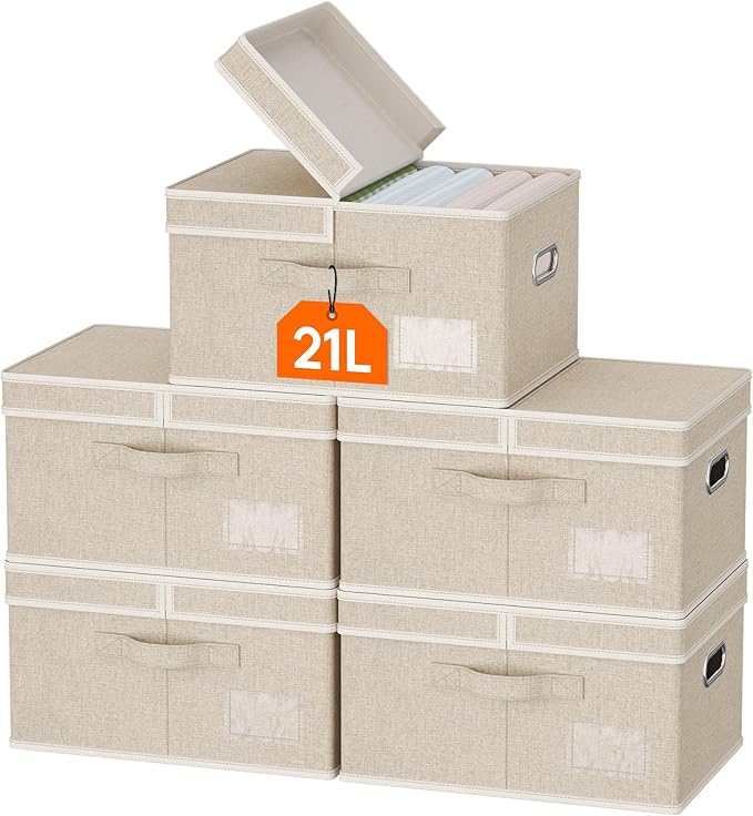 Lifewit Clothes Storage Bins with Lids, Fabric Foldable Storage Boxes with Handles, Decorative Closet Organizer, Stackable Cube Baskets Container for Bedroom, Office, 21L Medium Beige, 5 Packs