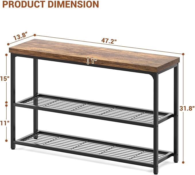 Besiost 47" Console Table with 3-Tier Storage, Industrial Narrow Entryway Table, Sofa Table Behind Couch for Hallway, Foyer & Living Room, Sturdy Metal Frame, Rustic Brown