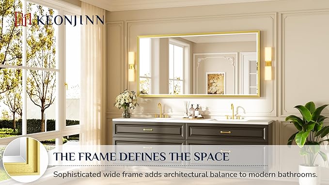 Keonjinn 72" x 36" Gold Bathroom Mirror, Decorative Metal Frame, Safe Beveled Tempered Glass, Shatterproof, Modern Farmhouse Large Rectangle Wall-Mounted Mirror for Living Room, Dining Room