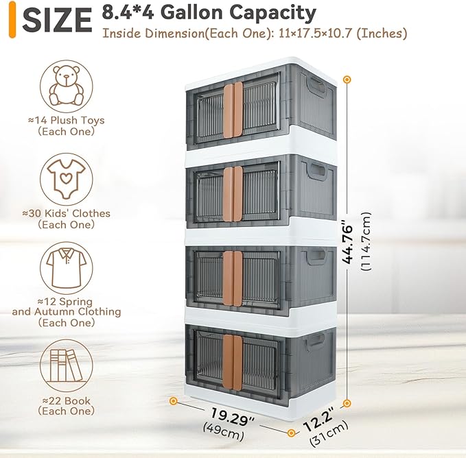 Storage Box, Plastic Cabinet, 8.4 Gallon (32L) Capacity (Each One), 4 Packs, Stackable Collapsible Drawer, with Door and Buckle, Organizer for Home and Office, Transparent