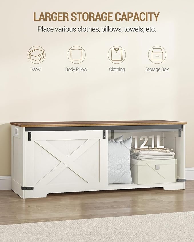 Hzuaneri 47.2" Storage Chest, Large Storage Trunk with 2 Hinges, Farmhouse Wooden Box Bench, Lift-Top Organizer Chest, Entryway Trunk for Bedroom, Living Room, White and Brown SB12114X