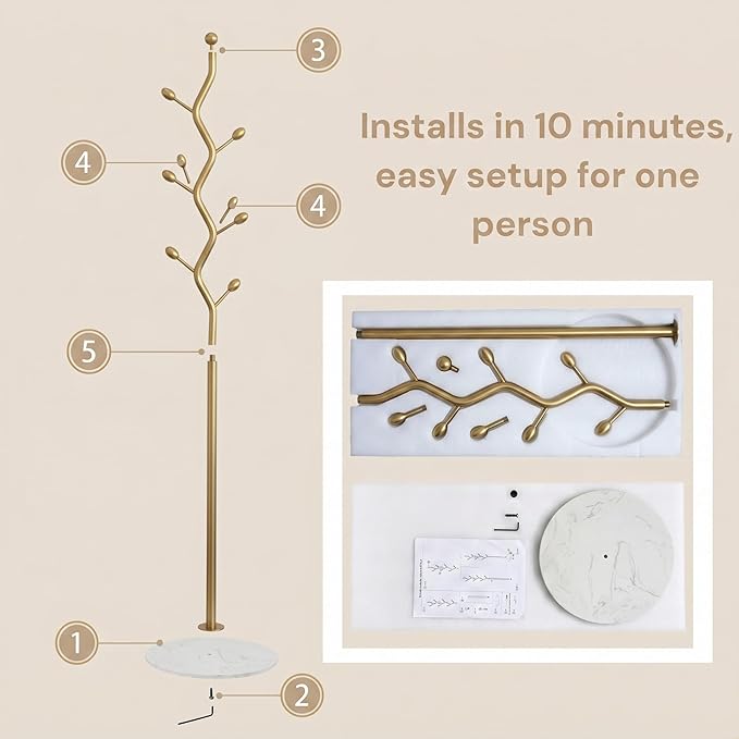 Tree Branch Gold Powder Coated Freestanding Coat Rack with 13.8in Marble Base, 8-Hook Heavy Duty for Entryway