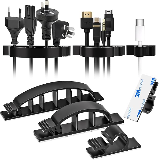 XHF 30pcs Adhesive Cable Wire Clips Kit Black, Outdoor Cable Management Wire Organizer Cord Holder for Under Desk, Car, Wall, TV PC Ethernet Cable