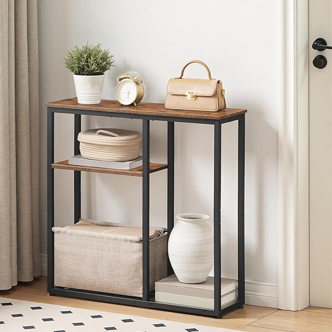HOOBRO Narrow Console Table with Storage Basket, 29.5" Small Entryway Table with 3-Tier Storage Shelves, Behind Couch Sofa Table, Hallway Table for Living Room, Rustic Brown, Black and Beige BF60XG01