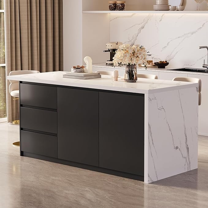 homary Kitchen Island with Storage & Wine Rack, 72" Modern Black Kitchen Cabinet with Sintered Stone Top, Large Fixed Island with 3 Drawers & 6 Adjustable Shelves, Without Bar Stools