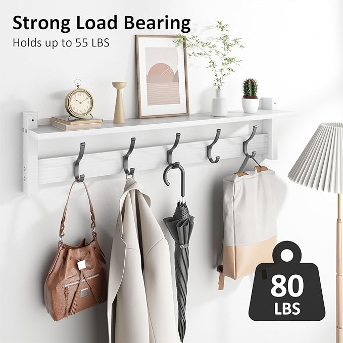 Optish Coat Rack Wall Mount with Shelf, 29 Inch Coat Hanger Walls Mounted, Hat Rack for Walls, Shelf with 5 Coat Hooks, Wall Hanger for Entryway (White)