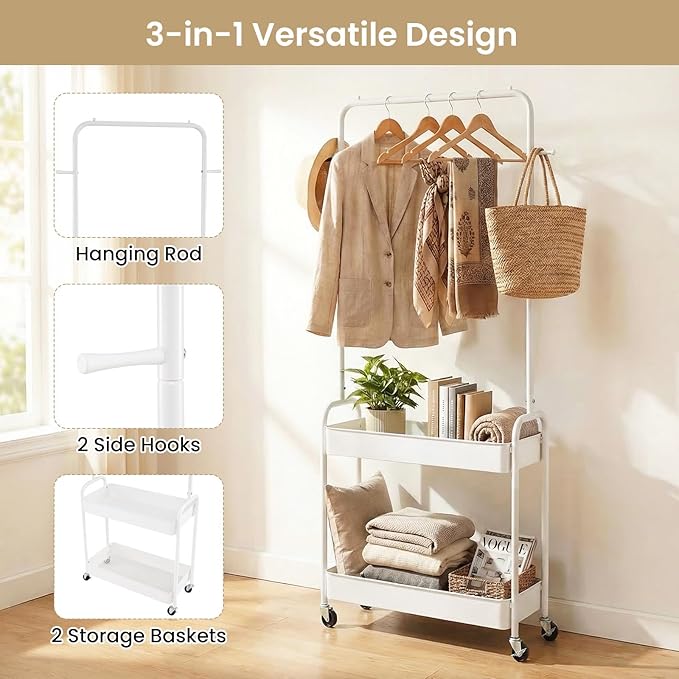 LDAILY Small Rolling Clothes Rack, Heavy Duty Clothing Rack with 2 Baskets, 4 Wheels for Hanging Clothes & Storage, Multi-Purpose Portable Closet for Bedroom, Living Room, Laundry, Small Space (White)