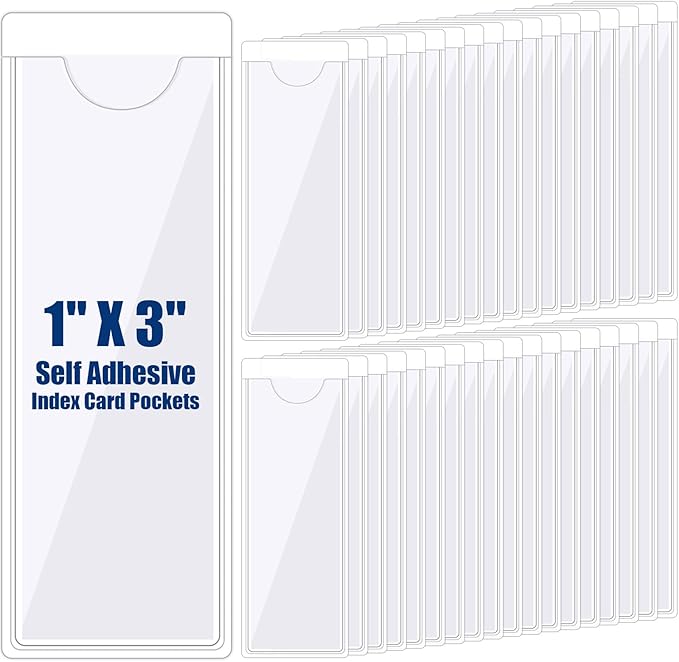 Outus 200 Pack 1.2 x 3.35 Inch Self Adhesive Label Pockets Bulk Plastic Labels Holders for Storage Bins Clear Classroom Nameplate Sleeves Index Card Tote Photos Waterproof Protect Office