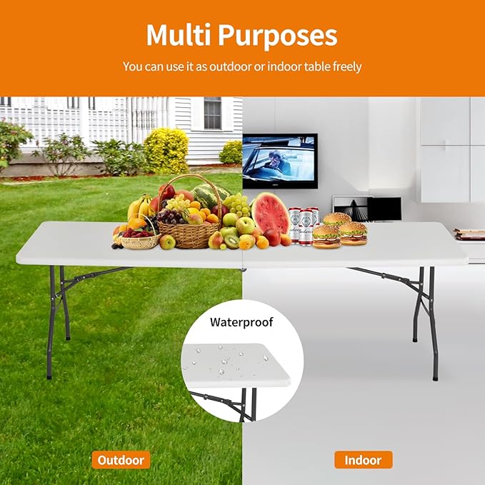 BestOffice 8 FT Picnic Table Plastic Camping Table Portable Square Height Folding Table Perfect for Picnics, Parties, Party and Camping, White