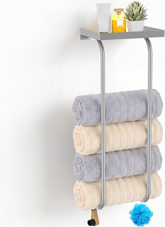 31" Towel Racks for Bathroom, Heavy-Duty Stainless Steel Holds 6 Large Rolled Towels,Wall Mounted Towel Holder with Shelf & Hooks,Extra-Wide Opening Wall Storage for Small Bathroom, Brushed Nickel