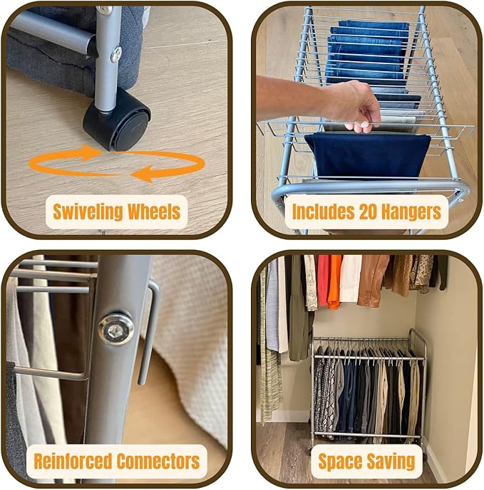 Evelots Pants Rack with 20 Pants Hangers Rolling Trolley Cart - Skirt Hangers, Jean Organizer for Closet