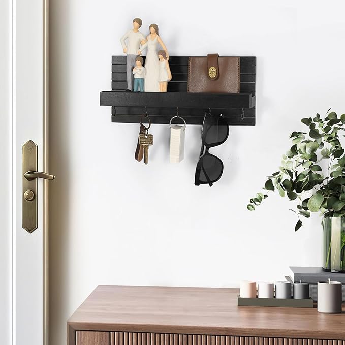 Lwenki Decorative Key Holder for Wall with Shelf, Entryway Shelf with Hooks Holds Leashes, Jackets and Glasses – Sturdy Wood Keyholder Entrance Hanger with Mounting Hardware (Black, Medium)