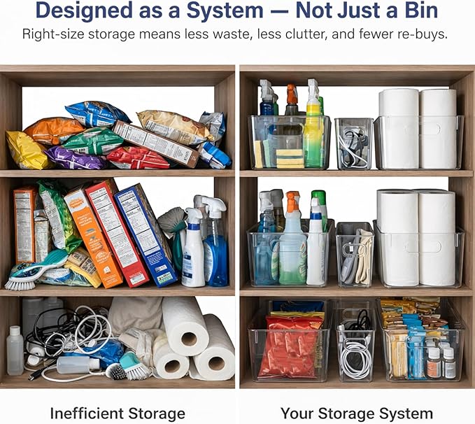 MOONEDGE Set of 4 Clear Plastic Organizer Bins, 2 Large & 2 Small Storage Bins for Pantry, Nestable Space-Saving Containers for Cabinets, Under-Sink, Bathroom, Kitchen & Freezer Organization
