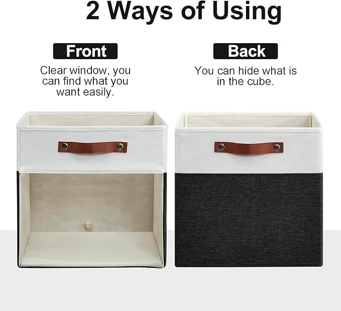 Bagnizer Storage Cubes, 4 Pack Linen Foldable Storage Bins (13 x 13 inch) with Clear Window and Handles, Fabric Organizer for Shelf Closet, Clothes, Books - (Black and White)
