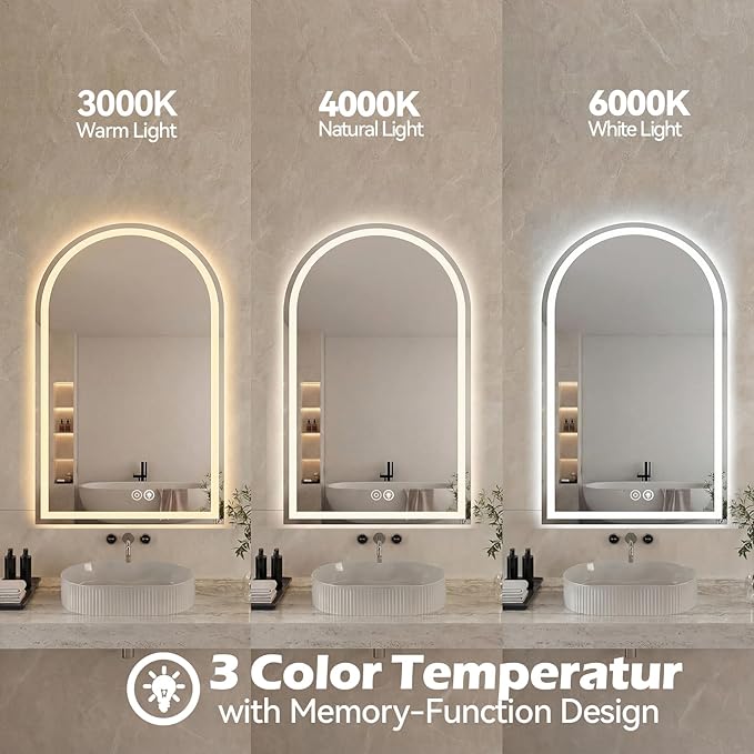 Sweetcrispy 20"×28" LED Arched Bathroom Mirror with Lights, Arched Lighted Bathroom Vanity Mirror with Anti-Fog, Dimmable, 3-Color Light, Memory Function, Tempered Glass