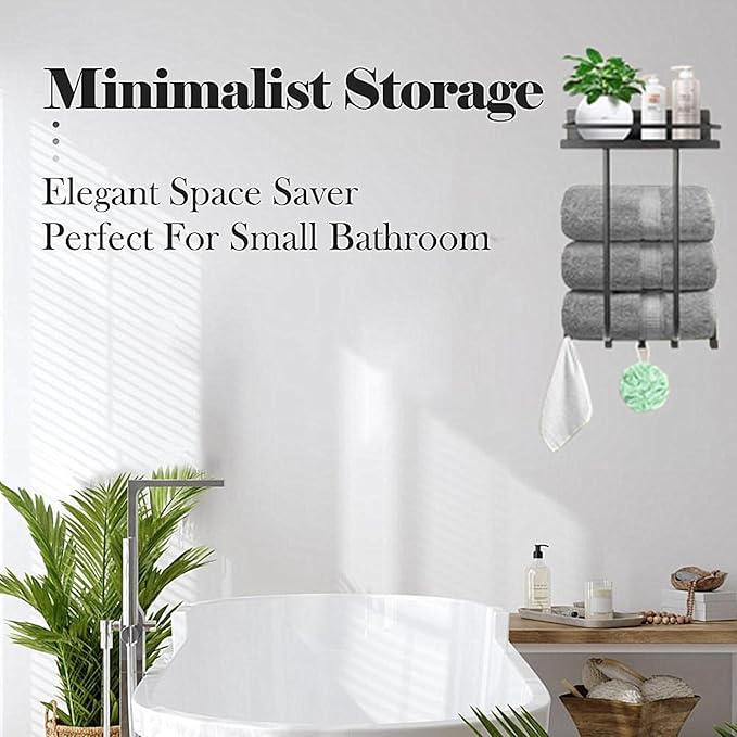 Bathroom Towel Storage Rack, Wall Mounted Towel Rack with Shelf and 5 Hooks, Can Holds 3 Large Towels Stainless Steel Bathroom Towel Holder for Rolled Towels, Bath Towels.(Black)