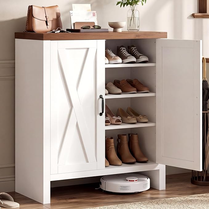 Shoe Cabinet, 4-Tier Shoe Storage Cabinets with Doors and Adjustable Shelves, Thickened Wood Freestanding for Entryway, Hallway, Closet, Organizer Rack, Walnut and White JSC004WWB
