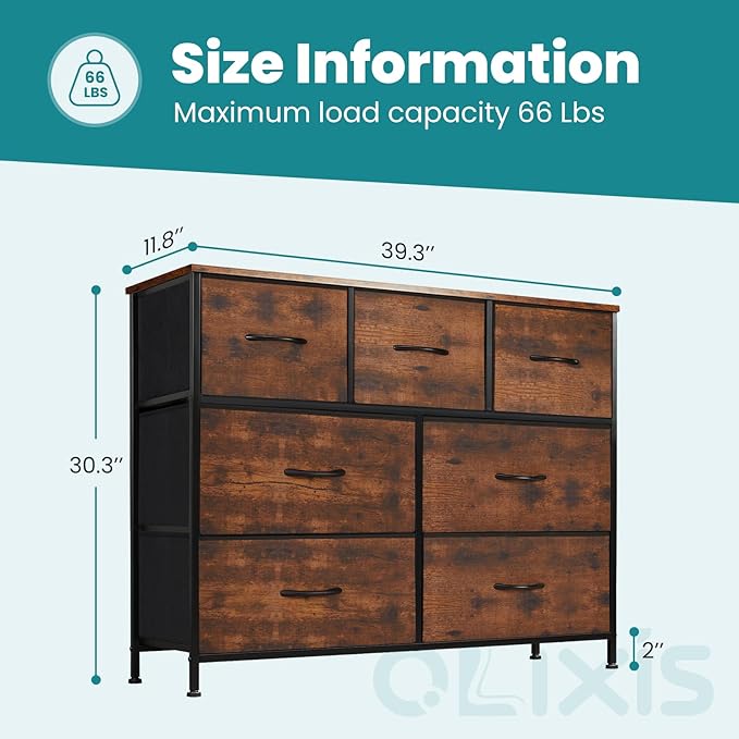 OLIXIS 7 Drawer Dresser for Bedroom, Wide Fabric Storage Tower with Wooden Top and Metal Frame, Closet Chest Organizer Furniture, TV Stand for Living Room Hallway, Rust Brown