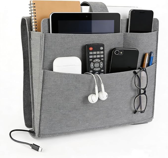 Bedside Caddy,Large Bed Caddy Hanging with Cord Slit, Bedside Remote Holder for Magazine,Books,Bunk Bed Accessories with Strong-Grip Loop Tape Sticky for Dorm, Bedroom, Sofa