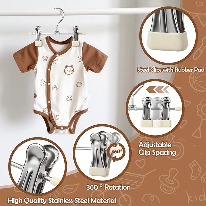Mity rain20-Pack Baby Hangers - 360° Rotatable Silicone Clip Kid Hangers, Space-Saving Toddler Hanger,Premium Stainless Steel, Ideal for Newborn & Children Wardrobe Organization.