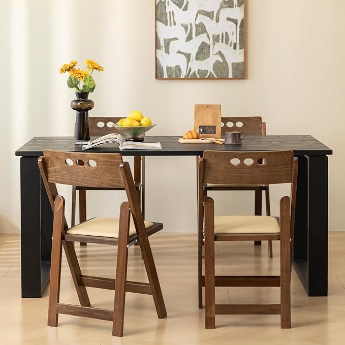 Wooden Folding Chair with Soft Cushion, Simple and Stylish, Comfortable and Durable, Suitable for Weddings, banquets and Events, no Assembly Required, Round Hole Fruitwood, Set of 4