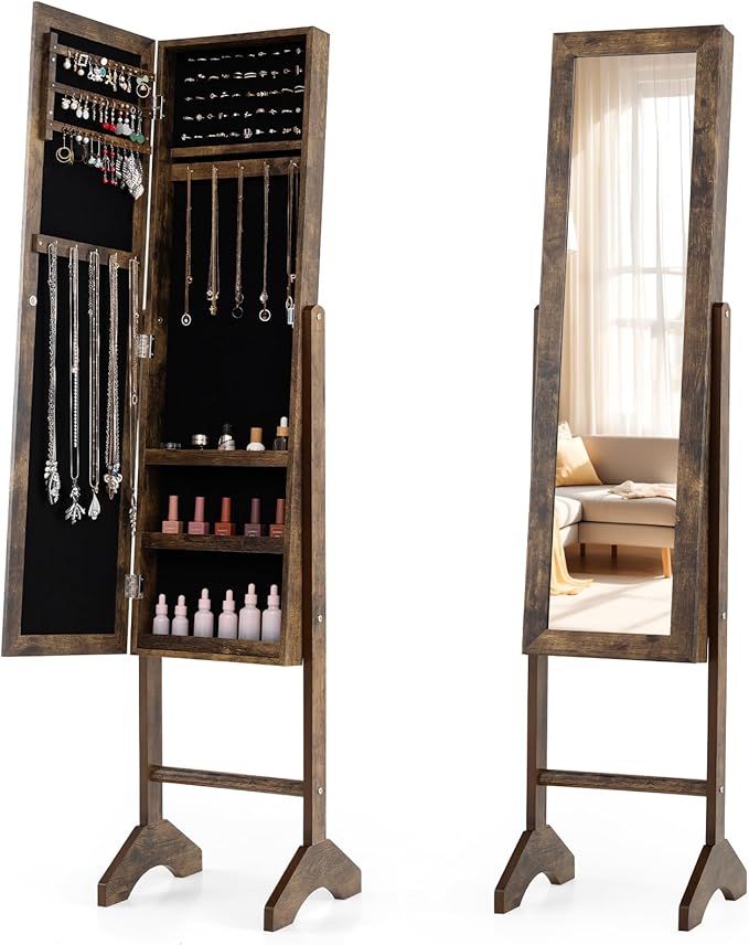 Giantex Jewelry Armoire with Full Length Mirror, Freestanding Jewelry Organizer Cabinet with Ring Slots, Earring Holders, Necklace Hooks & Storage Shelves for Bedroom (Rustic Brown)