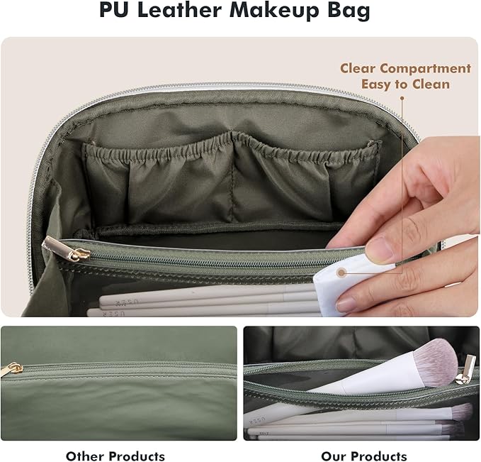 Prite Makeup Bag for Women Travel Waterproof Vegan Leather Cosmetic Bag Open Flat Toiletry Bag With Clear Divider and Handle (Green Flower, Medium)