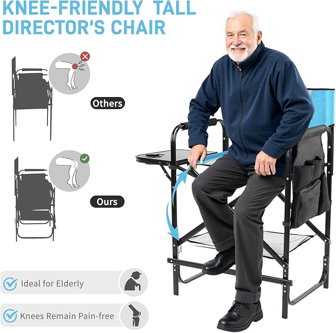 Outvita 26" Tall Directors Chair Height Seat Folding with Side Table Storage Bag, Support for 300Lbs Portable Makeup Artist Chair with Bar Height(Blue/Black)