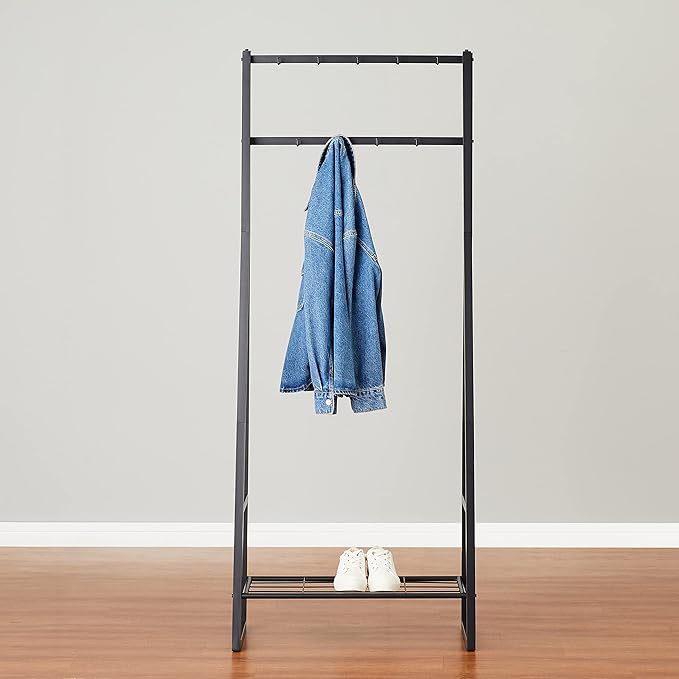 Amazon Basics 9 Hooks Coat Rack, Freestanding Entryway Shoe Bench with Metal 1-Tier Storage Shelf, Space Saving for Hallway and Bedroom, 13" D x 27.6" W x 69" H, Black