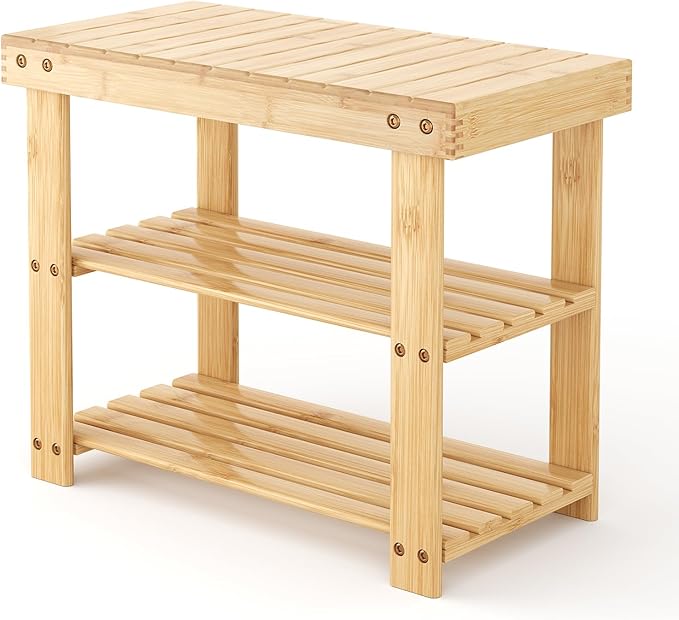 NEWBULIG Shoe Rack Bench, 3-Tier Bamboo Shoe Organizer, Wooden Entryway Storage Bench, 286 lb Load Capacity, 11.2x19.7x17.9 Inches, for Entryway Bathroom Bedroom Balcony, Wood