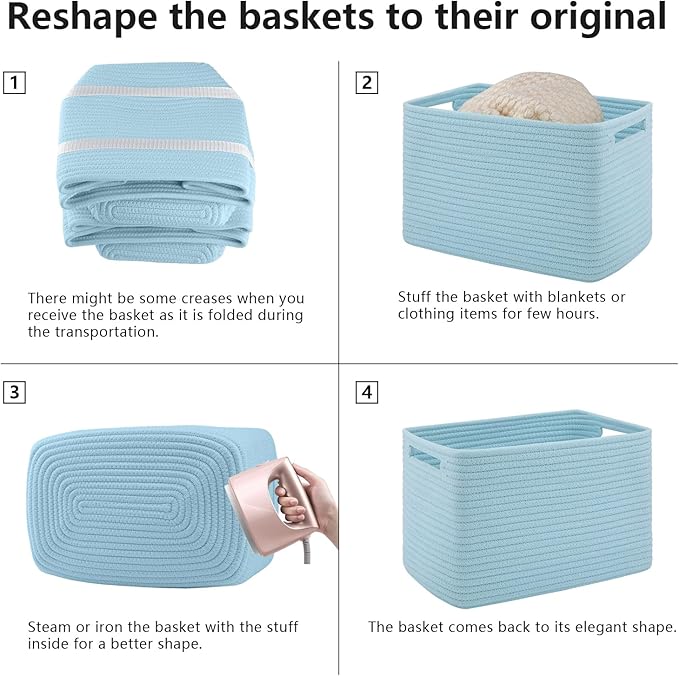 4 Pack Storage Baskets for Organizing Toys, Towels, and Clothes, Woven Basket for Shelves, Sturdy Nursery Cube Bins for Storage, 13''L x9''W x7.8''H, Blue