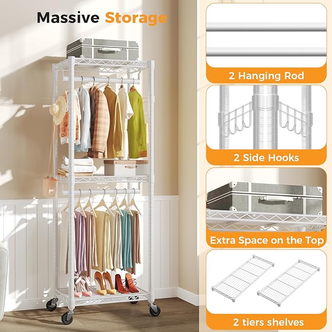 NEWBULIG Heavy Duty Adjustable Clothes Rack with Wheels, Adjustable Rolling Metal Freestanding Garment Closet Organizer with Double Rods & 2 Side Hooks for Hanging Clothes, 23" x 15" x 75", White