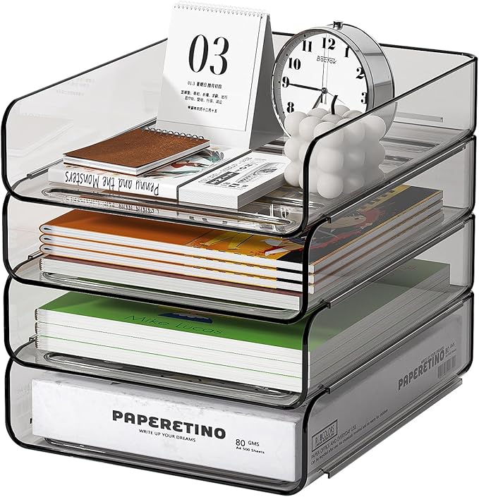 FANXIYQ 4-Tier Acrylic Paper Tray Organizer | Clear Stackable Desk Organizer for Documents, Letters, A4 Paper | Modern Office/Classroom/Home Organization,Brown