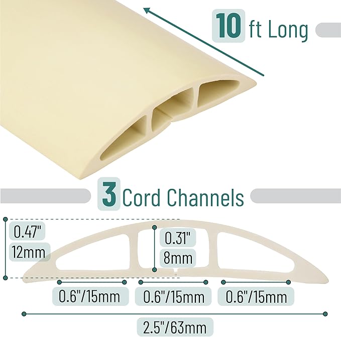 Bates- Floor Cord Cover, 10ft, Cable Cavity 0.6" (W) x 0.31" (H), Heavy Duty Wire Protector, PVC Extension Cords Hider, Protect Cords, Prevent Cable Trips, Cord Hider for Office, Home, Outdoor