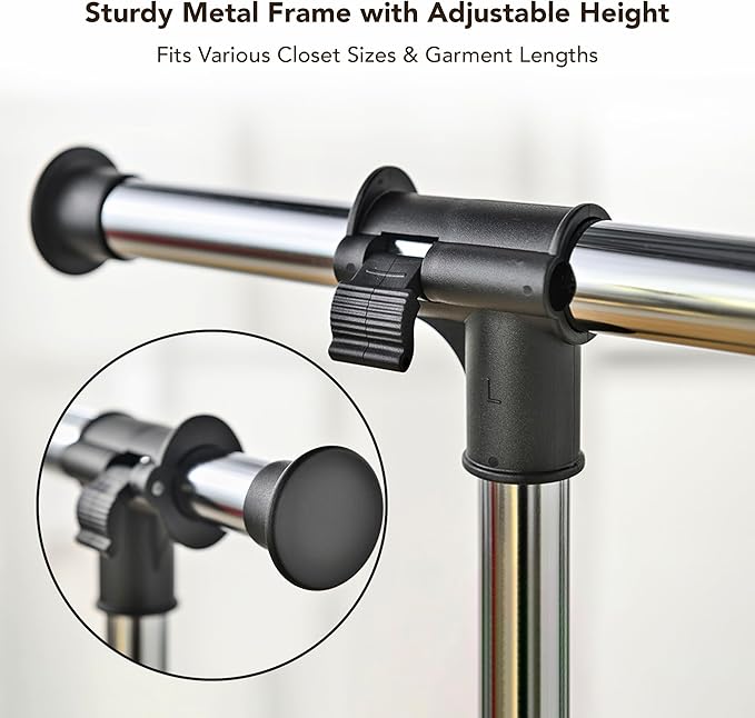 Displays By Jack Double Rail Clothes Rack, Adjustable Rolling Garment Rack on Wheels – Extendable Hanging Rods & Bottom Shelf for Bedroom, Laundry Room, Dorm, Retail