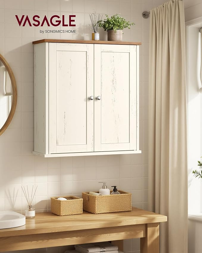 VASAGLE Siren Collection - Bathroom Wall Cabinet, Hanging Bathroom Storage Cabinet, for Medicines, Farmhouse, 2 Adjustable Shelves, 7.9 x 22 x 23.6 Inches, Rustic White and Honey Brown UBBK330WJ01S