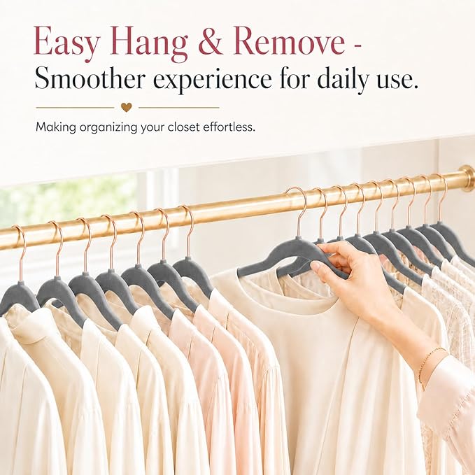 Smartor Grey Velvet Hangers 50 Pack, Non Slip Clothes Felt Hanger Heavy Duty for Coat, 360° Rotating Rose Glod Hook, Premium Slim Space Saving Hangers for Closet Organizer and Storage