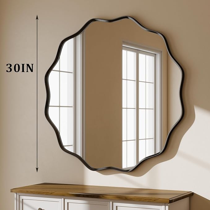 Round Wavy Mirror - 30 Inch Metal Frame Round Mirrors Wavy Edge Circle Mirror for Bathroom Bedroom Living Room Entryway Black