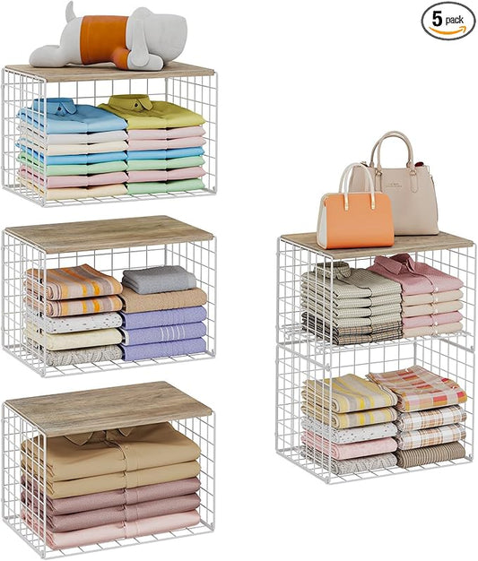 5 Pack Extra-Long Closet Organizers and Storage with Ajustable Shelf, Stackable Closet Shelf Organizer, Double Storage Design Clothes Storage Cube/Bin Organizer for Wardrobe, Space-Saving, White