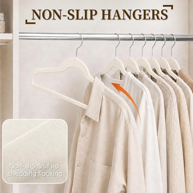 Velvet Hangers 50 Pack, Non Slip Clothes Hangers with Shoulder Notches, Slim Felt Hanger with 360° Swivel Hook, Space-Saving, for Coat, Shirt, Pants, Dress, Suits, White