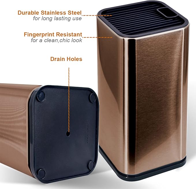 Rose Gold Stainless Steel Universal Knife Block Holder with Slots for Scissors or Sharpening Rod, Space Saver Knife Storage, Detachable for Easy Cleaning, Square Knife Holder For Safe