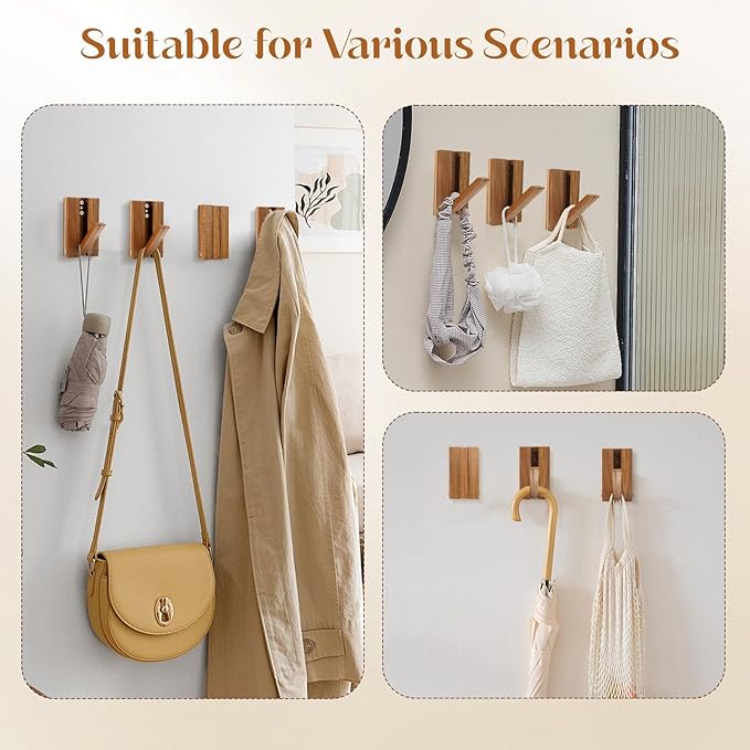 Stylish Wall-Mounted Coat Hat Hooks & Key Holder – Rustic Solid Wood, Space-Saving Retractable Design for Entryway & Bathroom - Heavy Duty 2-Pack Foldable Hooks for Towels, Bags & More