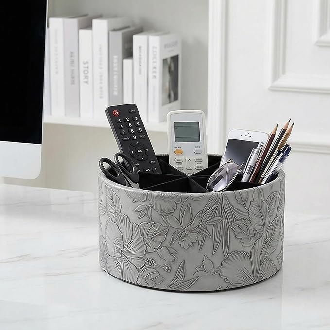Remote Control Holder, 360°Spinning PU Leather Desk TV Remote Caddy,Desk Storage Box Room Accessories for Controller, Media,Mail,Calculator, Mobile Phone,Pencil(1-Carved Grey)