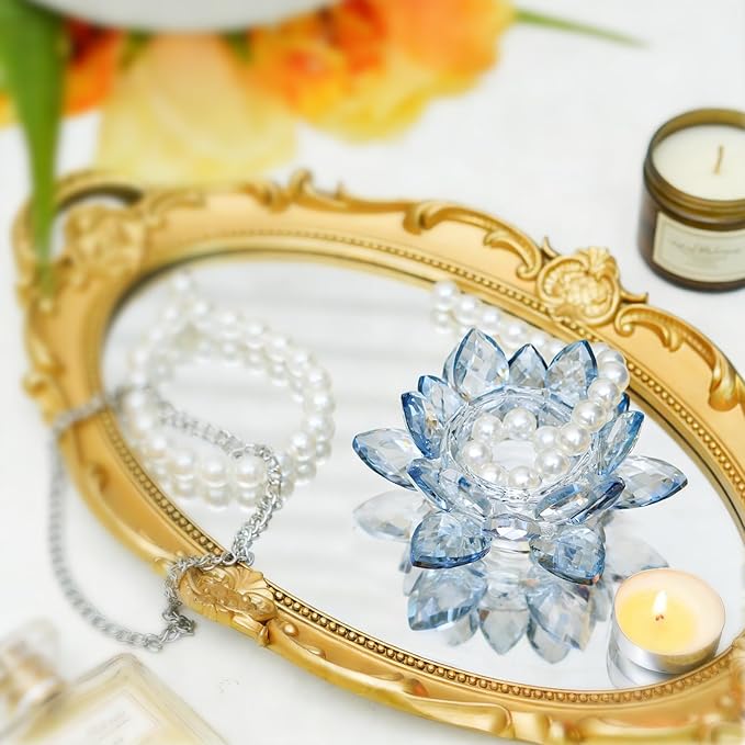 Crystal Flower Jewelry Tray, Luxury Transparent Decorative Trinket Dish for Rings, Earrings, Necklaces, Keys for Vanity Dresser Nightstand, Elegant Gift for Women Mother's Day (1, 4.4"(w) - Blue)