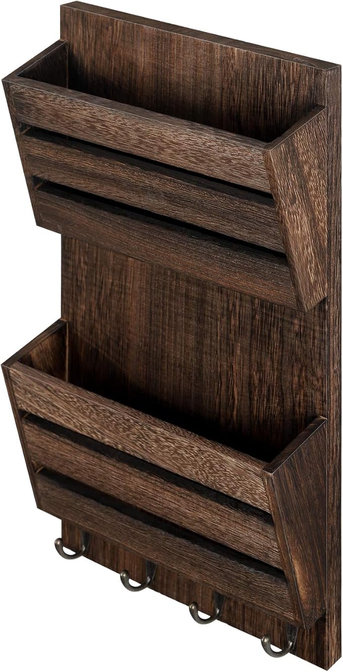 BTY Mail Holder for Wall, Wooden Mail Sorter with 4 Key Hooks, 2 Slot Wall Mounted Mail Sorter Letter Bills Newspaper Magazine Organizer for Entryroom Hallway Office Garage, Rustic Brown