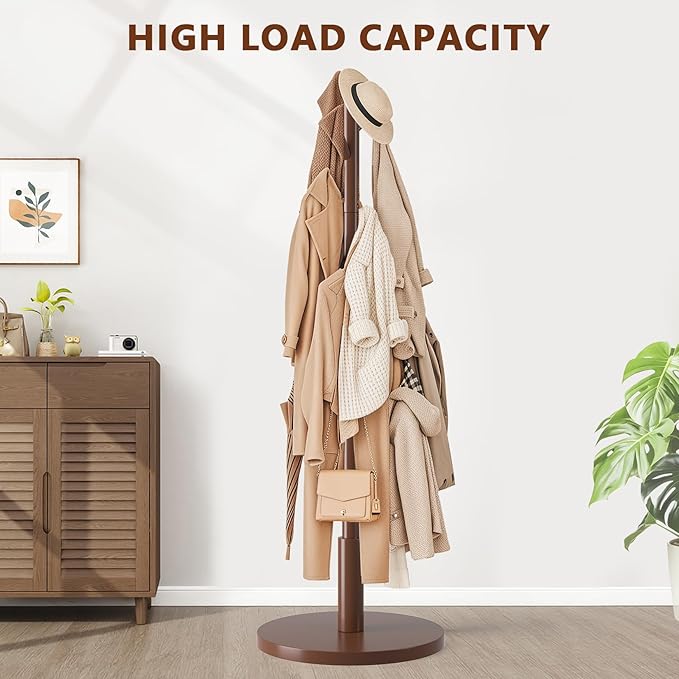 Coat Rack Freestanding Wooden Coat Tree Stand with 8 Round-tip Hooks, 3 Adjustable heights Coat Hat Rack for Entryway,Bedroom,Hallway,Office (Brown)