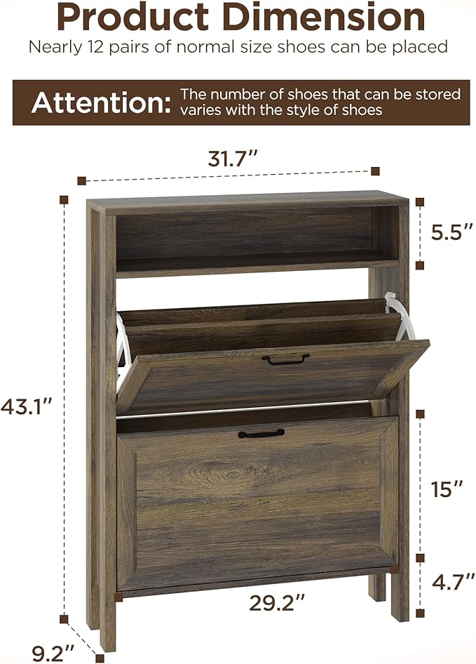 LOUVIXA Shoe Cabinet with 2 Flip Drawers, Narrow Shoe Storage Cabinet, Freestanding Shoe Cabinet Organizer, Hidden Shoe Rack Cabinet for Entryway, Hallway (2-Drawers, Brown/2-drawers)