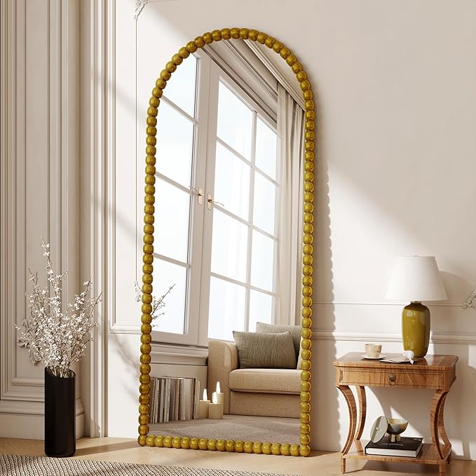 28"x71" Gold Arched Full Length Mirror, Vintage Beaded Decorative Floor Full Body Dressing Mirror as Room Decor Hanging Leaning Standing for Living Room, Bedroom, Vanity Area