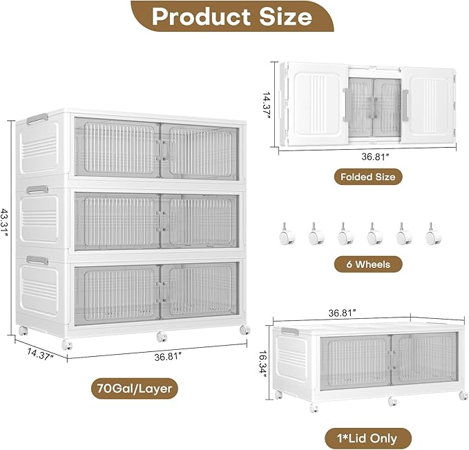 Extra Large Stackable Storage Bins with Lid, 210Gal/840QT Foldable Collapsible Storage Box with Doors, Wheels and Drawers, Plastic Closet Organizer Container for Kitchen, Bedroom, Dorm, 3Pack